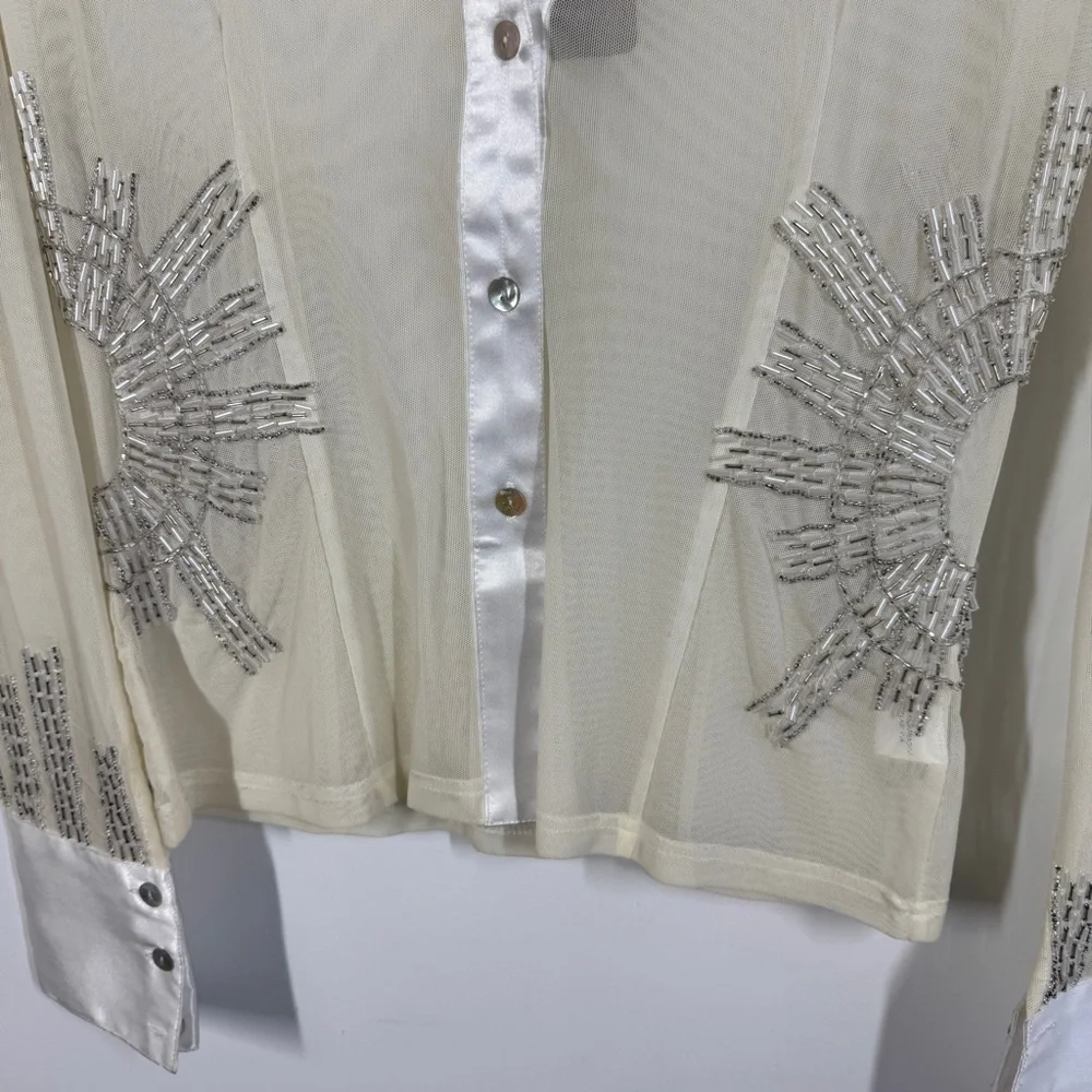 Vintage Taglia Sheer Beaded Satin Blouse Ivory Size M Long Sleeve Dressy Top - Picture 4 of 14